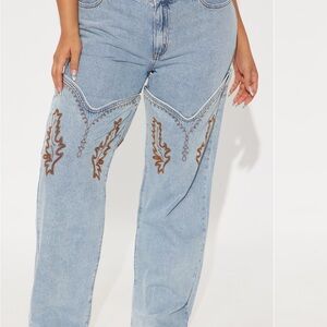Fashion Nova Light Blue Embroidered Flare Jeans